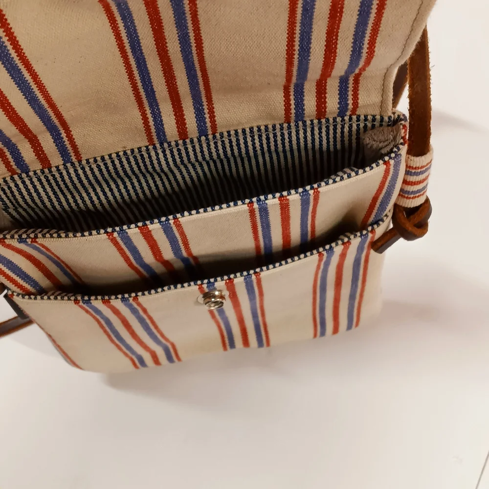 Wheeler Bag Co. Hand-crafted Ticking Railroad Stripe Canvas + Leather Crossbody